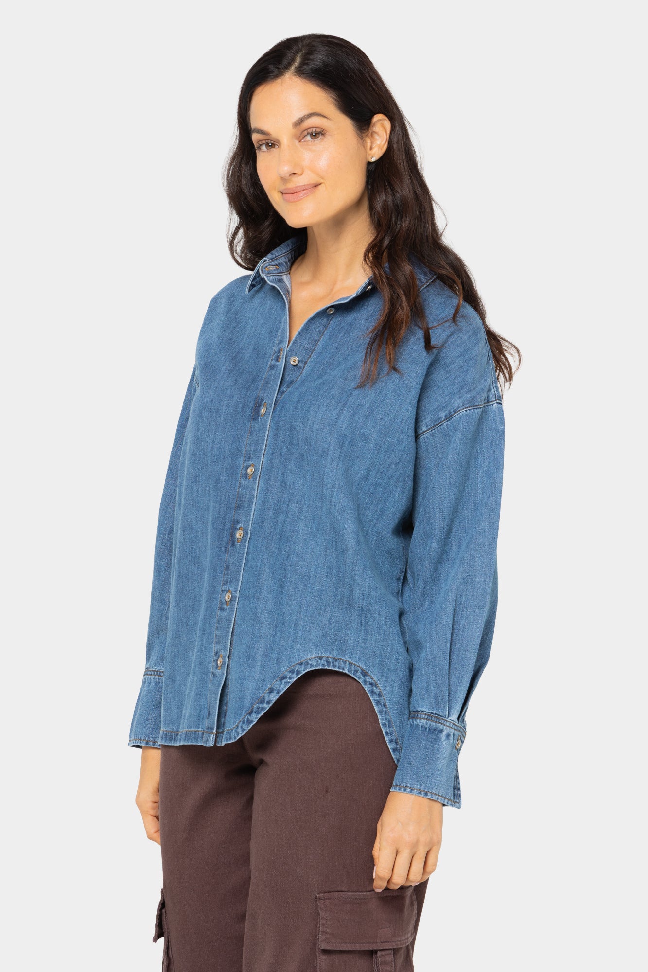 Denim Button Front Shirt With Curved Hem