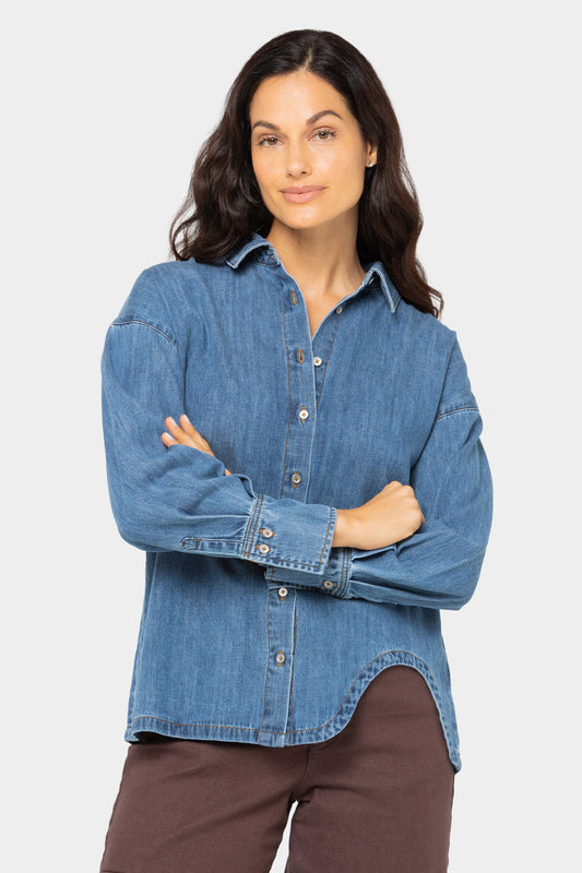 Denim Button Front Shirt With Curved Hem