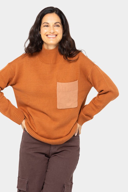 Cotton Color Block Pocket Turtleneck Sweater
