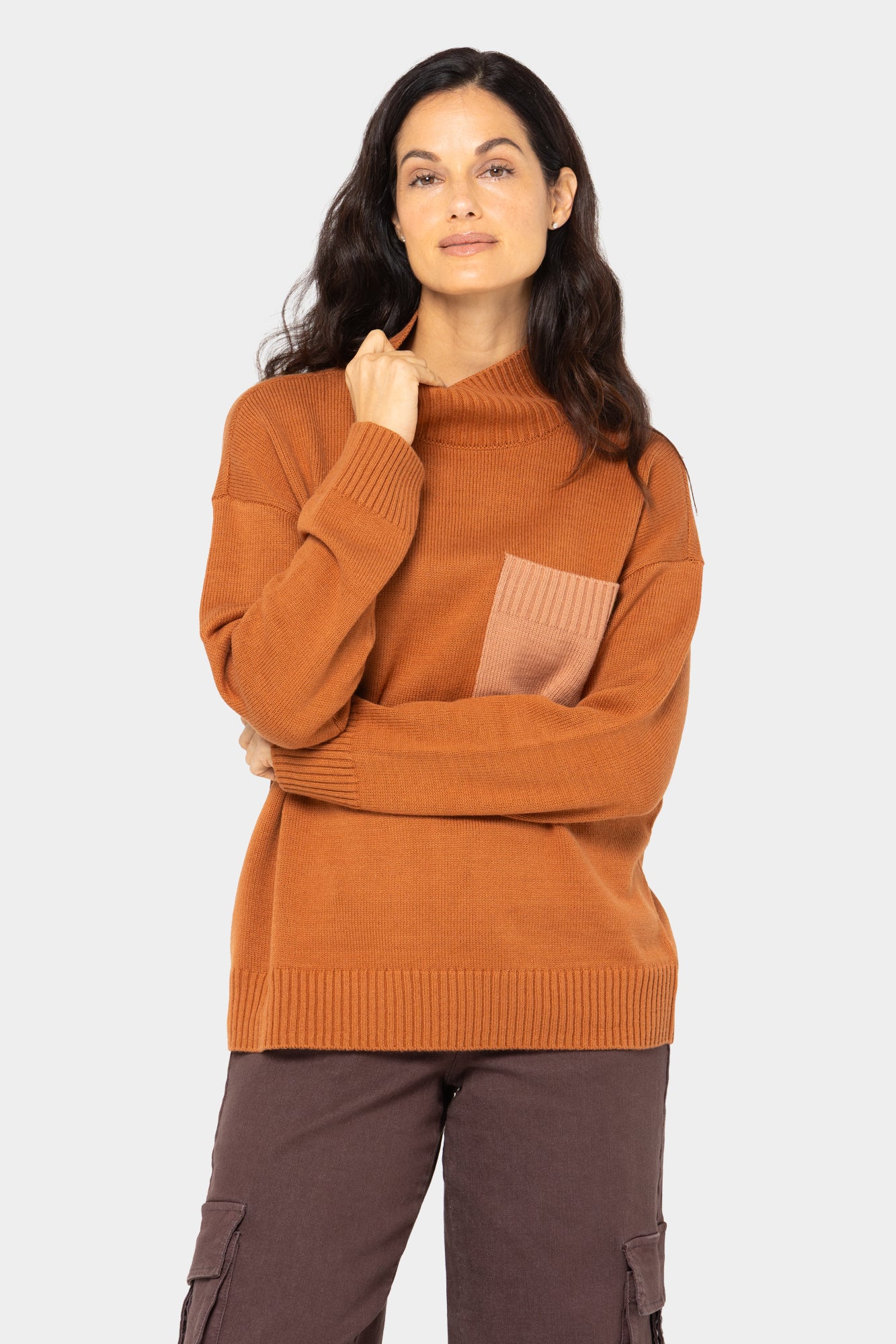 Cotton Color Block Pocket Turtleneck Sweater