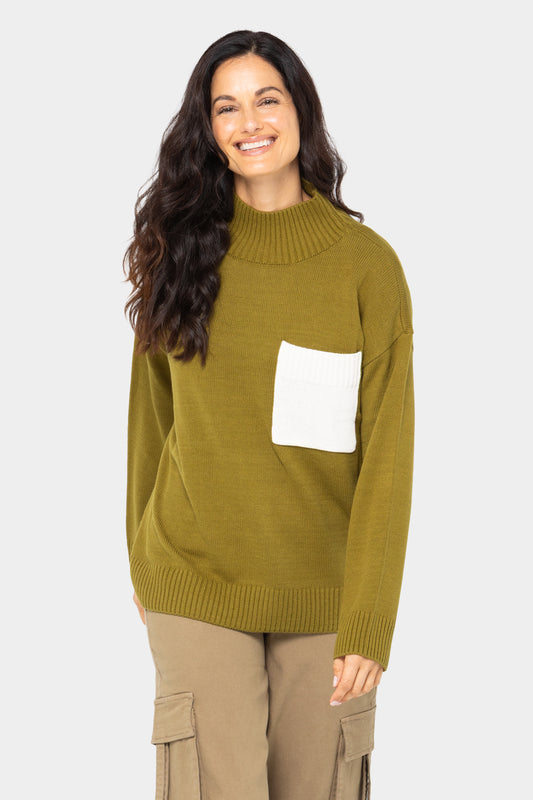 Cotton Color Block Pocket Turtleneck Sweater