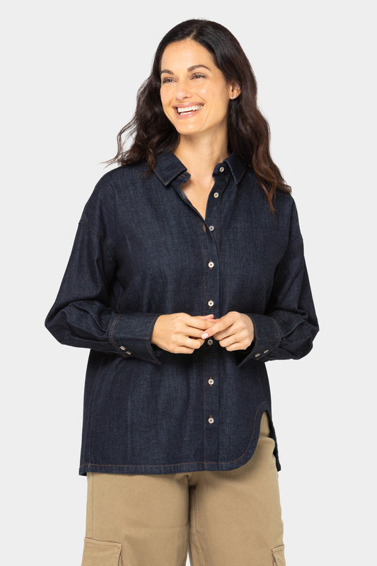 Denim Button Front Shirt With Curved Hem