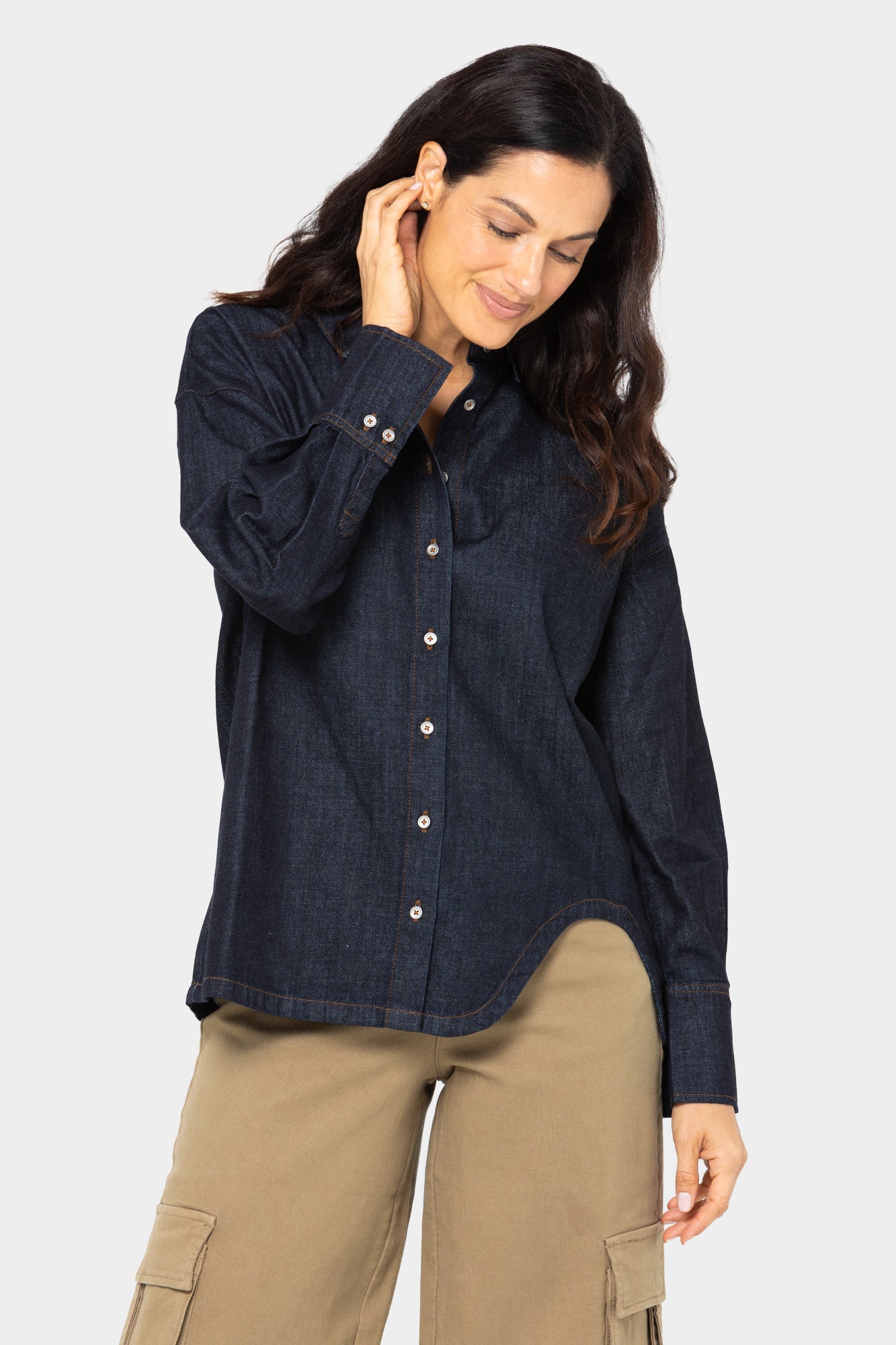 Denim Button Front Shirt With Curved Hem