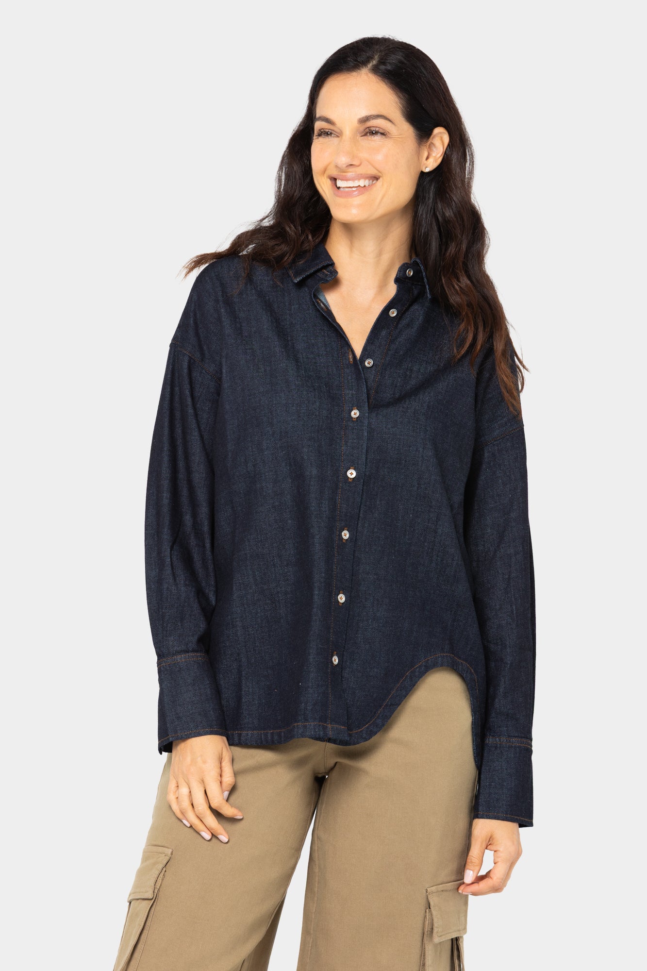 Denim Button Front Shirt With Curved Hem
