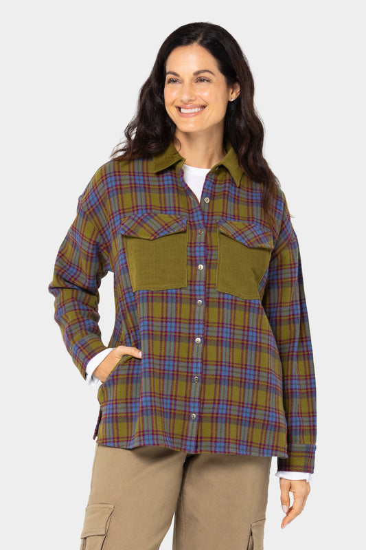 Brushed Flannel Plaid Jacket w/ Corduroy Collar