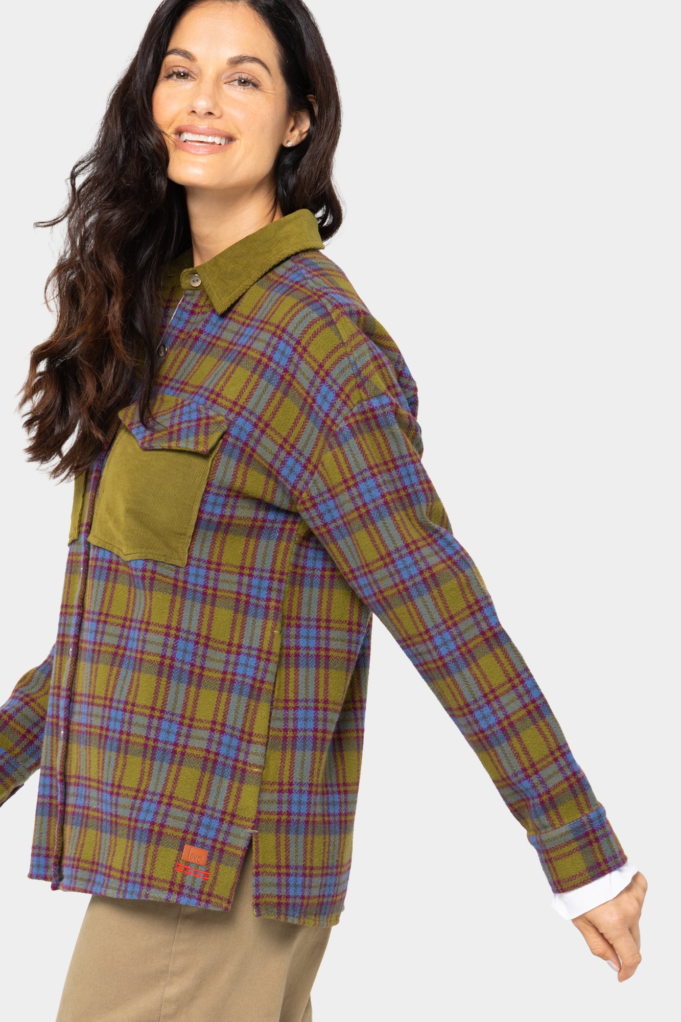 Brushed Flannel Plaid Jacket w/ Corduroy Collar