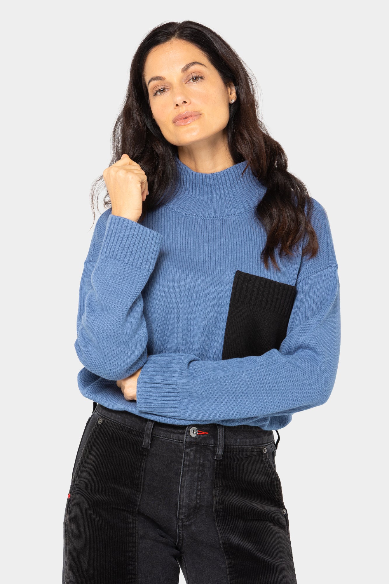Cotton Color Block Pocket Turtleneck Sweater