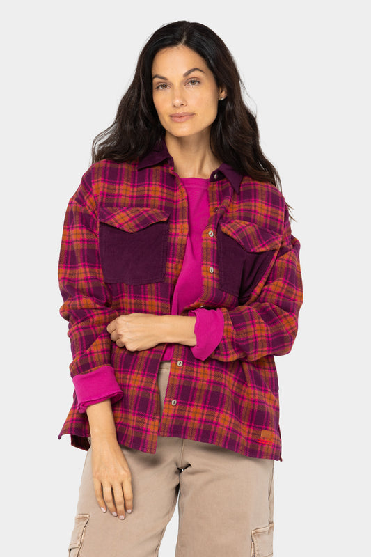 Brushed Flannel Plaid Jacket w/ Corduroy Collar