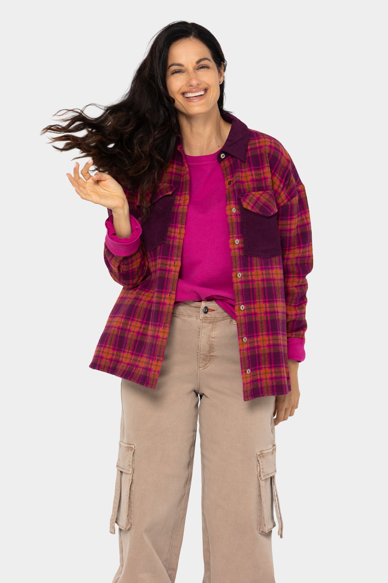 Brushed Flannel Plaid Jacket w/ Corduroy Collar