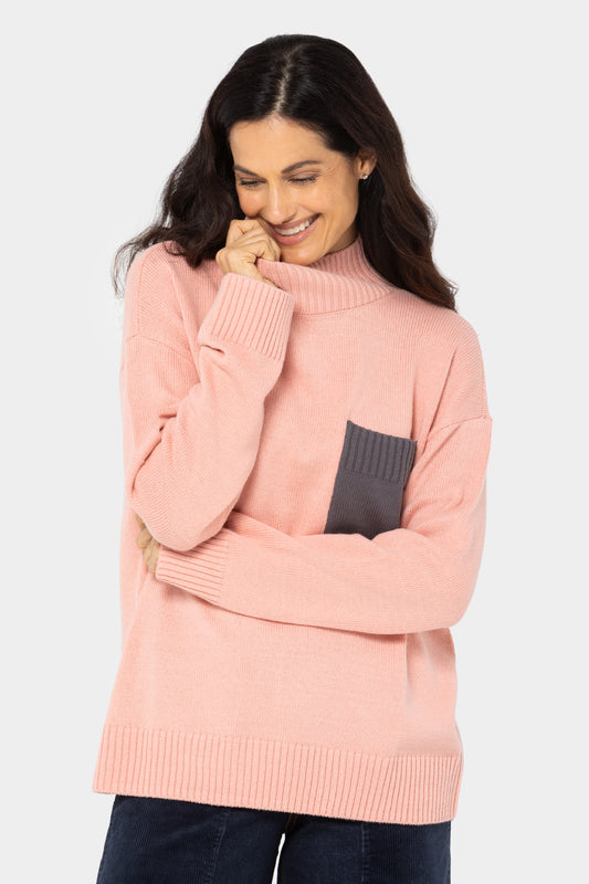 Cotton Color Block Pocket Turtleneck Sweater