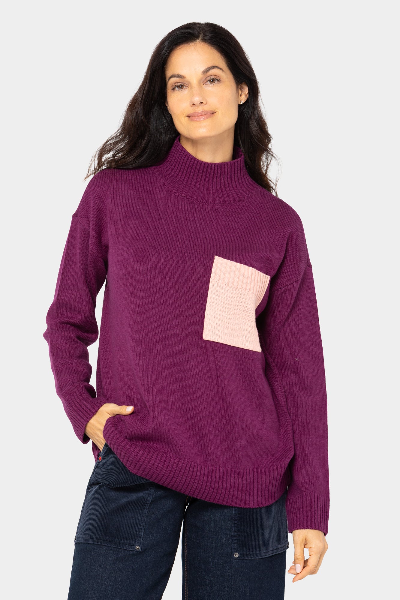 Cotton Color Block Pocket Turtleneck Sweater