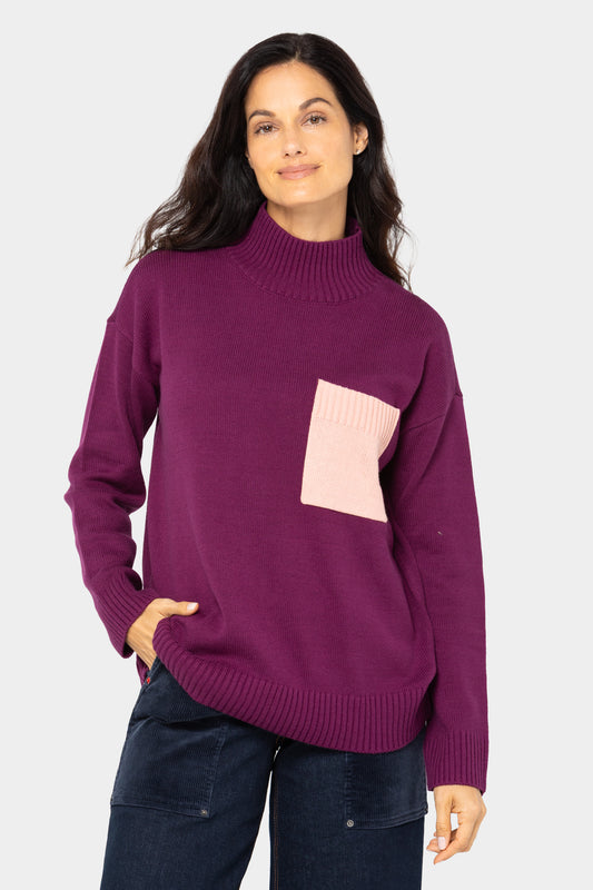 Cotton Color Block Pocket Turtleneck Sweater