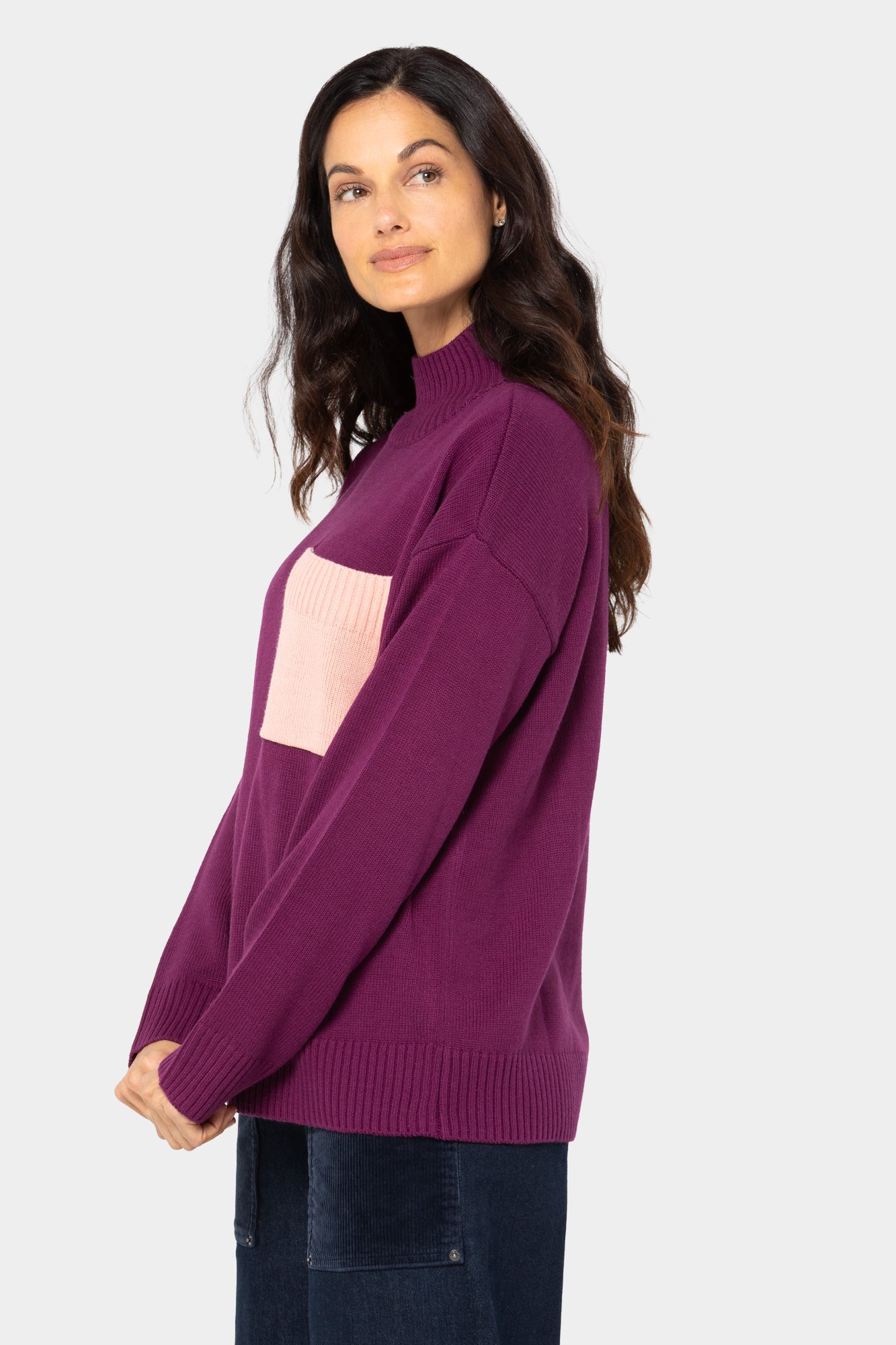 Cotton Color Block Pocket Turtleneck Sweater