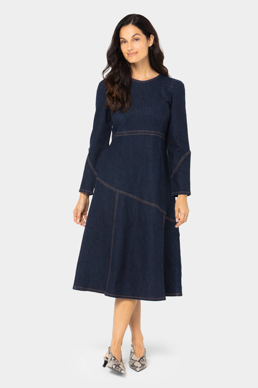 Black Label Denim Puff Sleeve Midi Dress