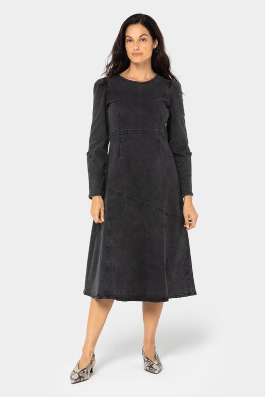 Black Label Denim Puff Sleeve Midi Dress