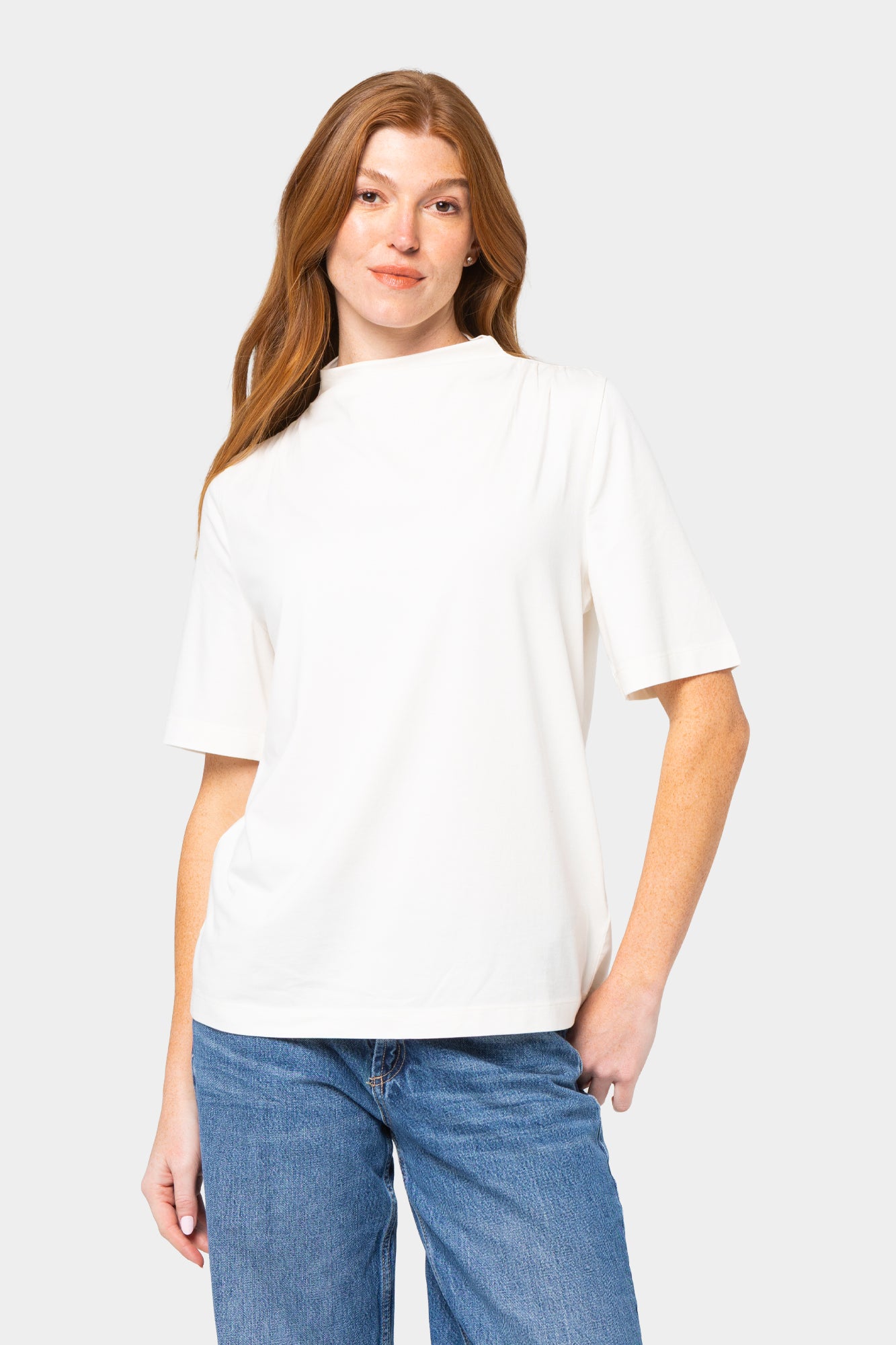 Shirred Shoulder Funnel Neck Tee