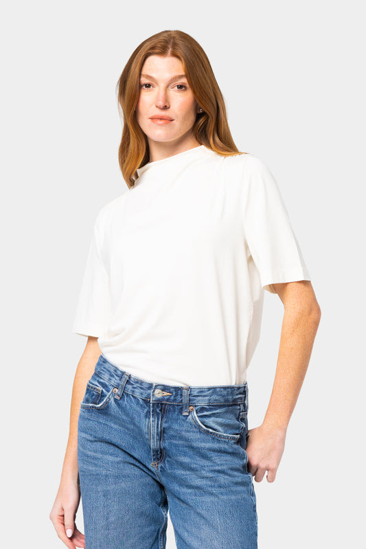 Shirred Shoulder Funnel Neck Tee