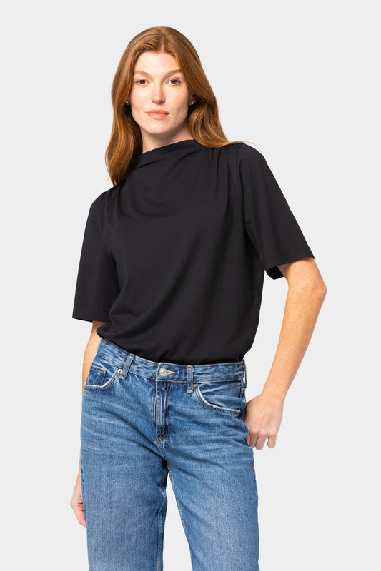 Shirred Shoulder Funnel Neck Tee