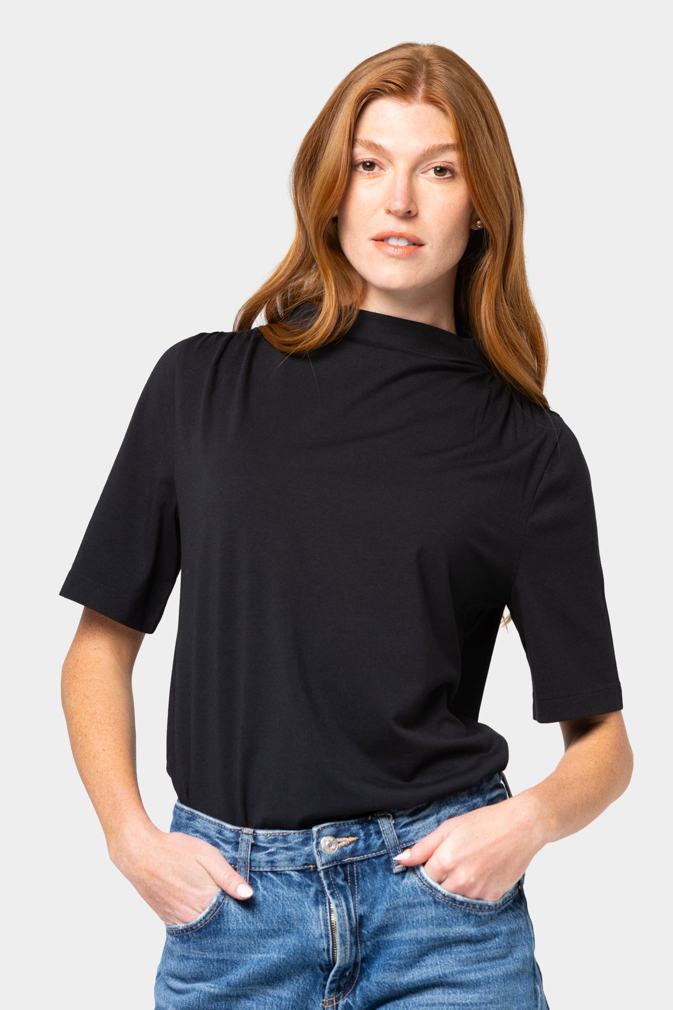 Shirred Shoulder Funnel Neck Tee