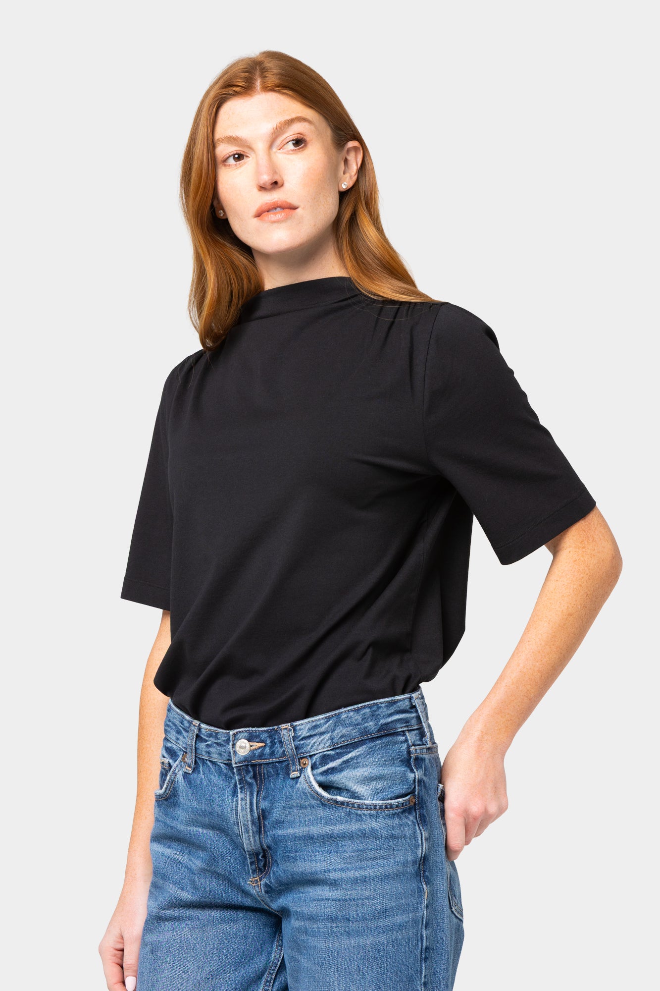 Shirred Shoulder Funnel Neck Tee