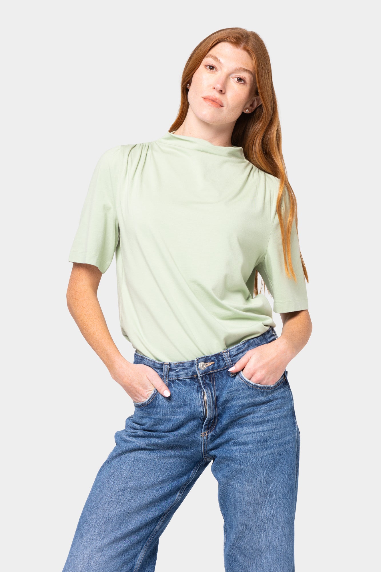 Shirred Shoulder Funnel Neck Tee