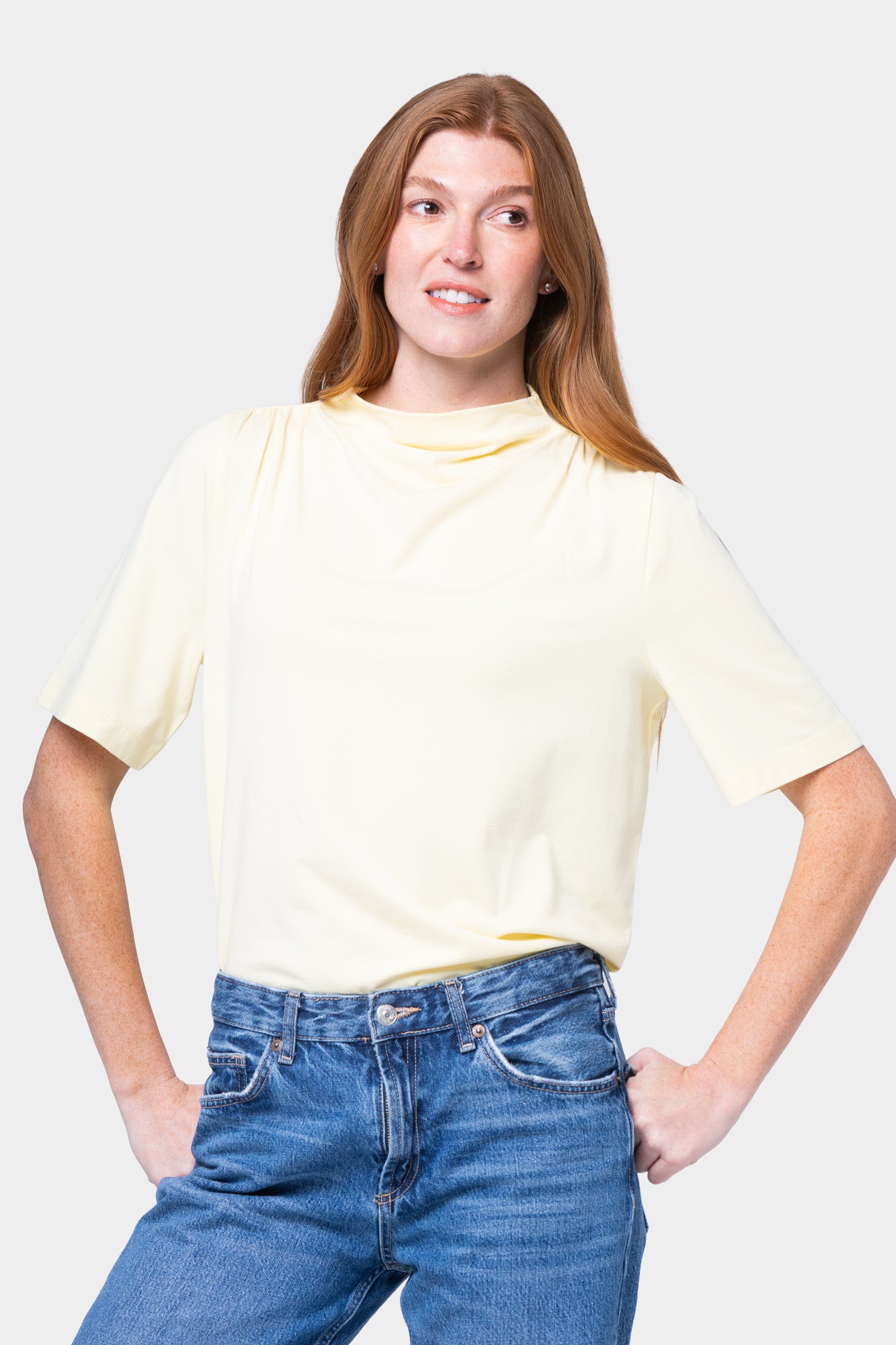Shirred Shoulder Funnel Neck Tee