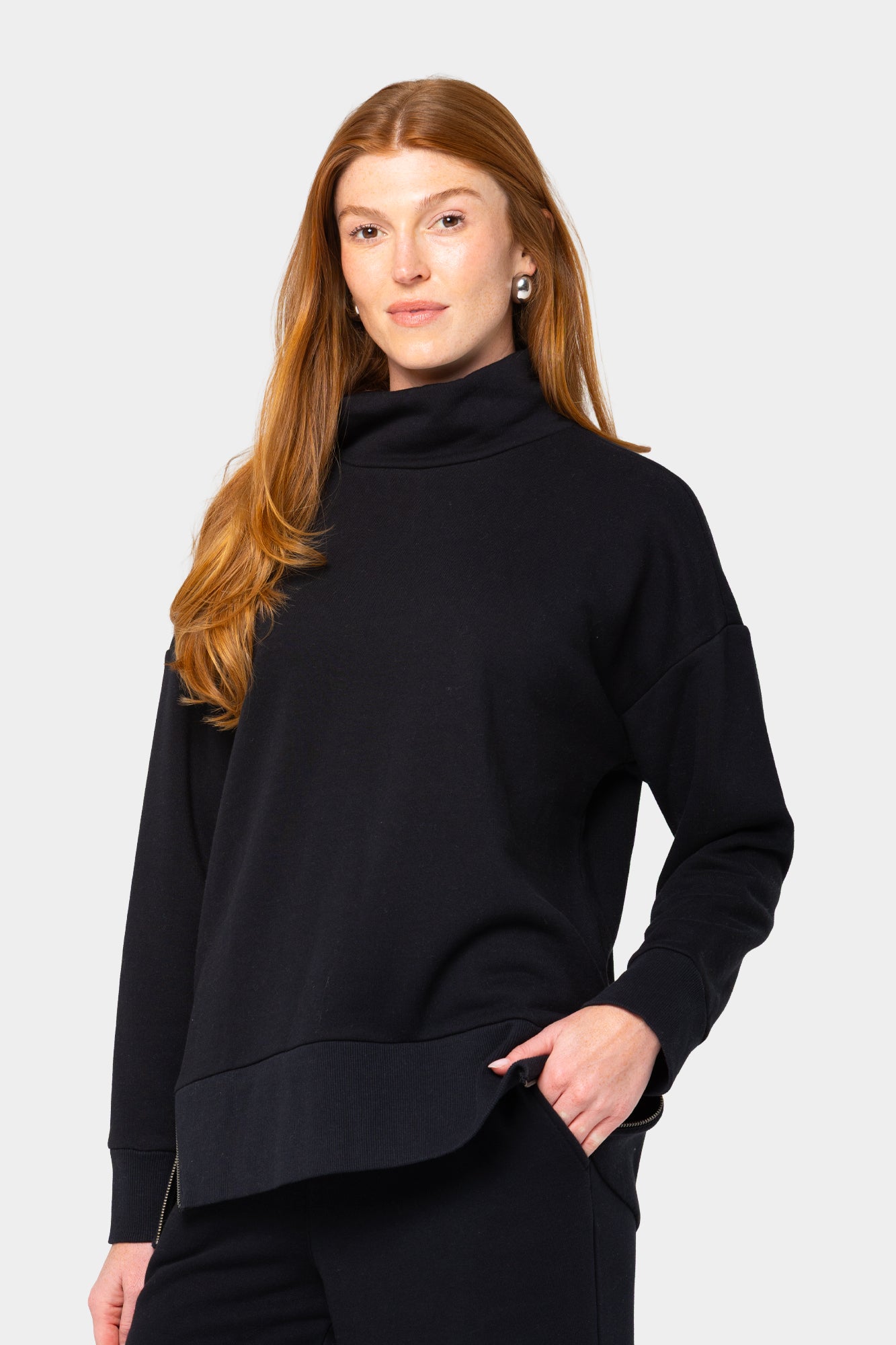 French Terry Turtleneck Top with Size Zip
