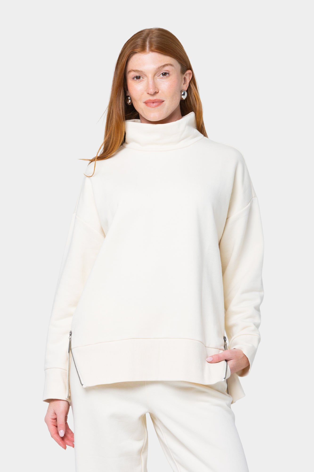 French Terry Turtleneck Top with Size Zip