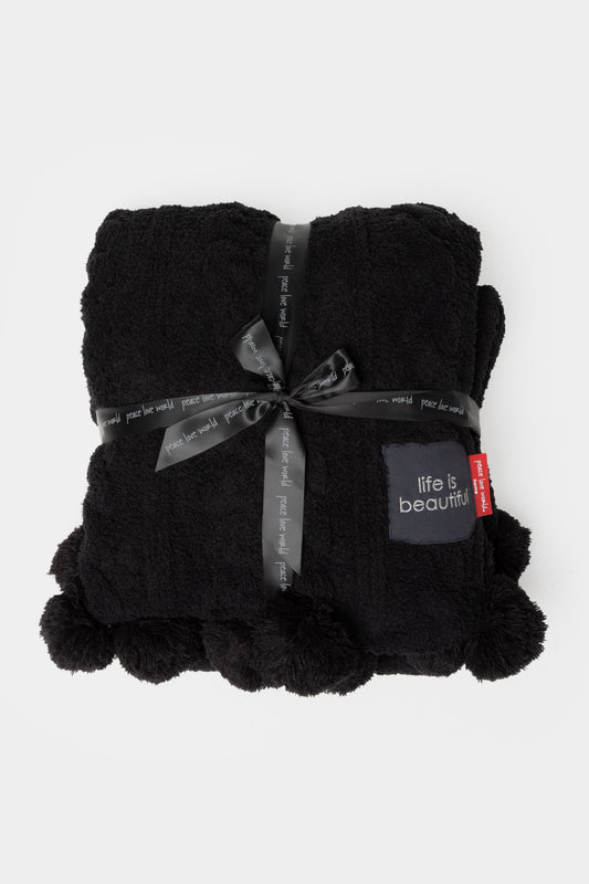 Pom Pom Cable Knit Blanket