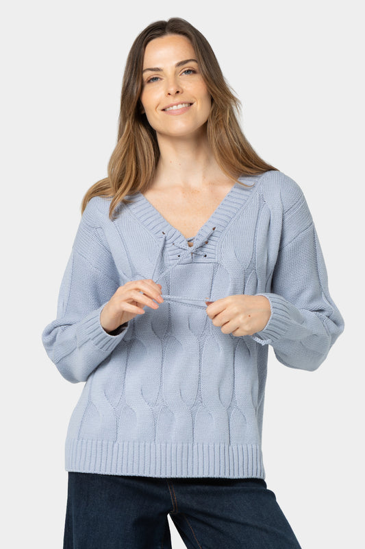 V-Neck Lace Up Cable Sweater
