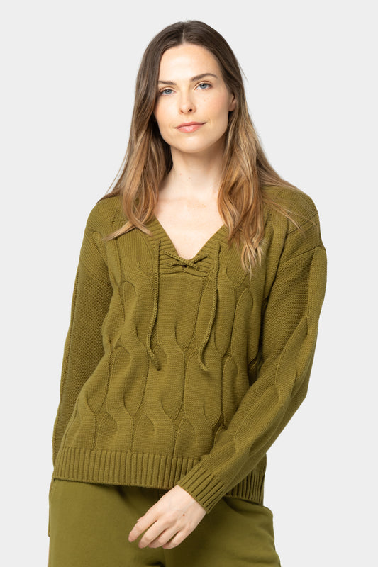 V-Neck Lace Up Cable Sweater