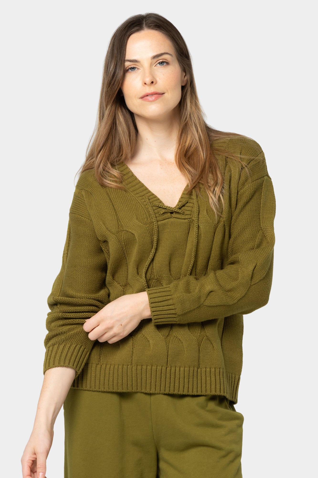 V-Neck Lace Up Cable Sweater