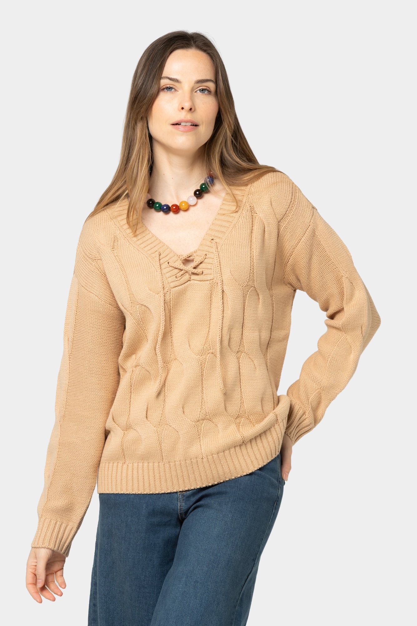 V-Neck Lace Up Cable Sweater