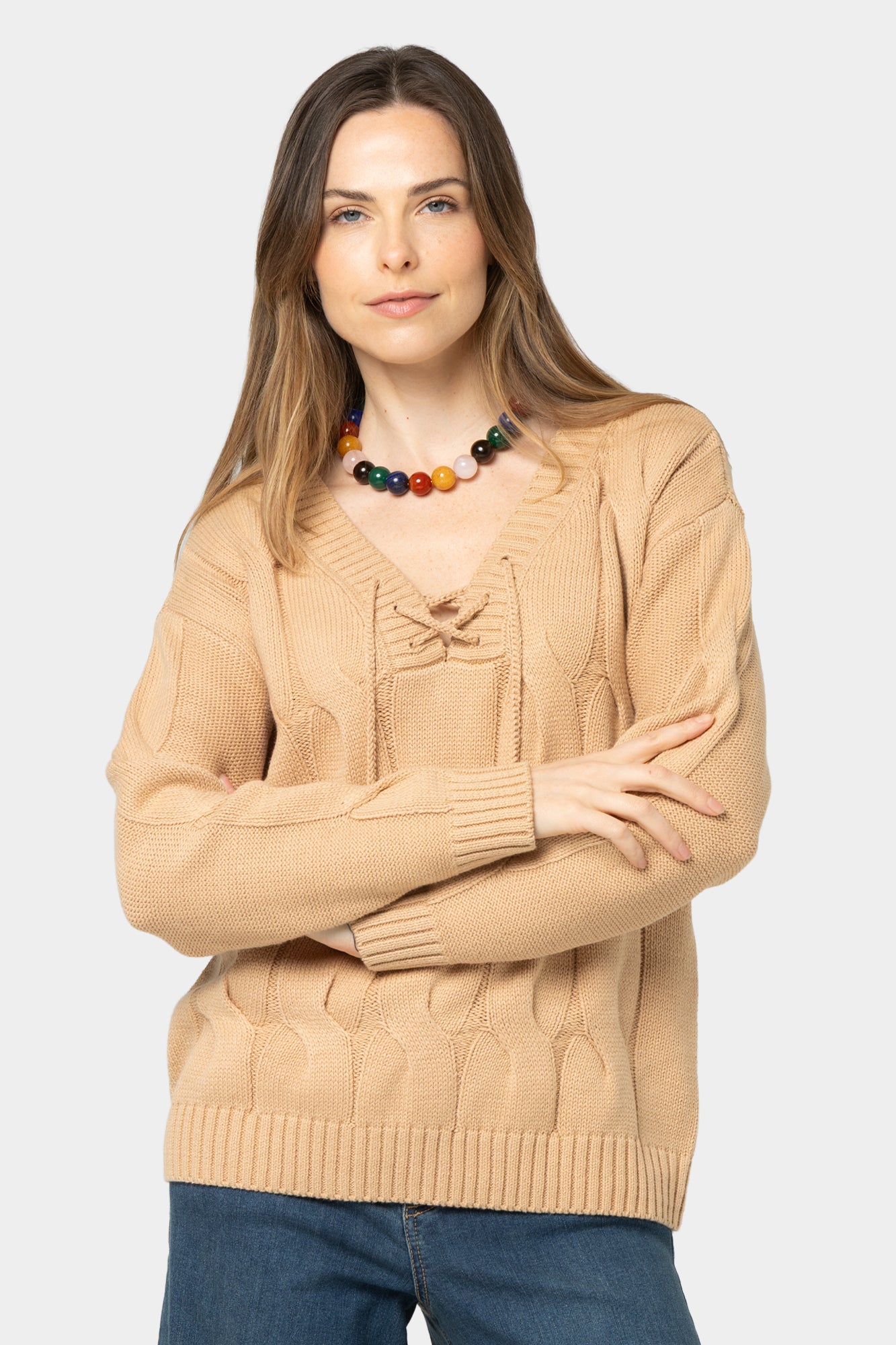 V-Neck Lace Up Cable Sweater