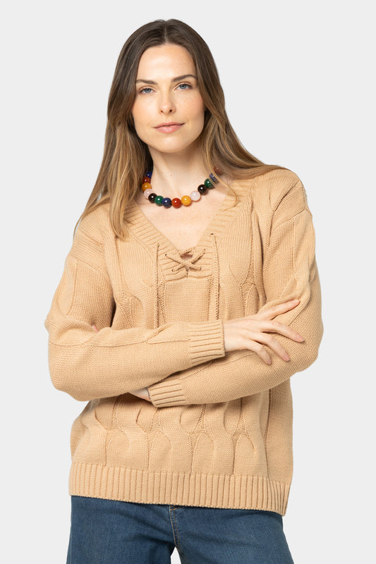 V-Neck Lace Up Cable Sweater