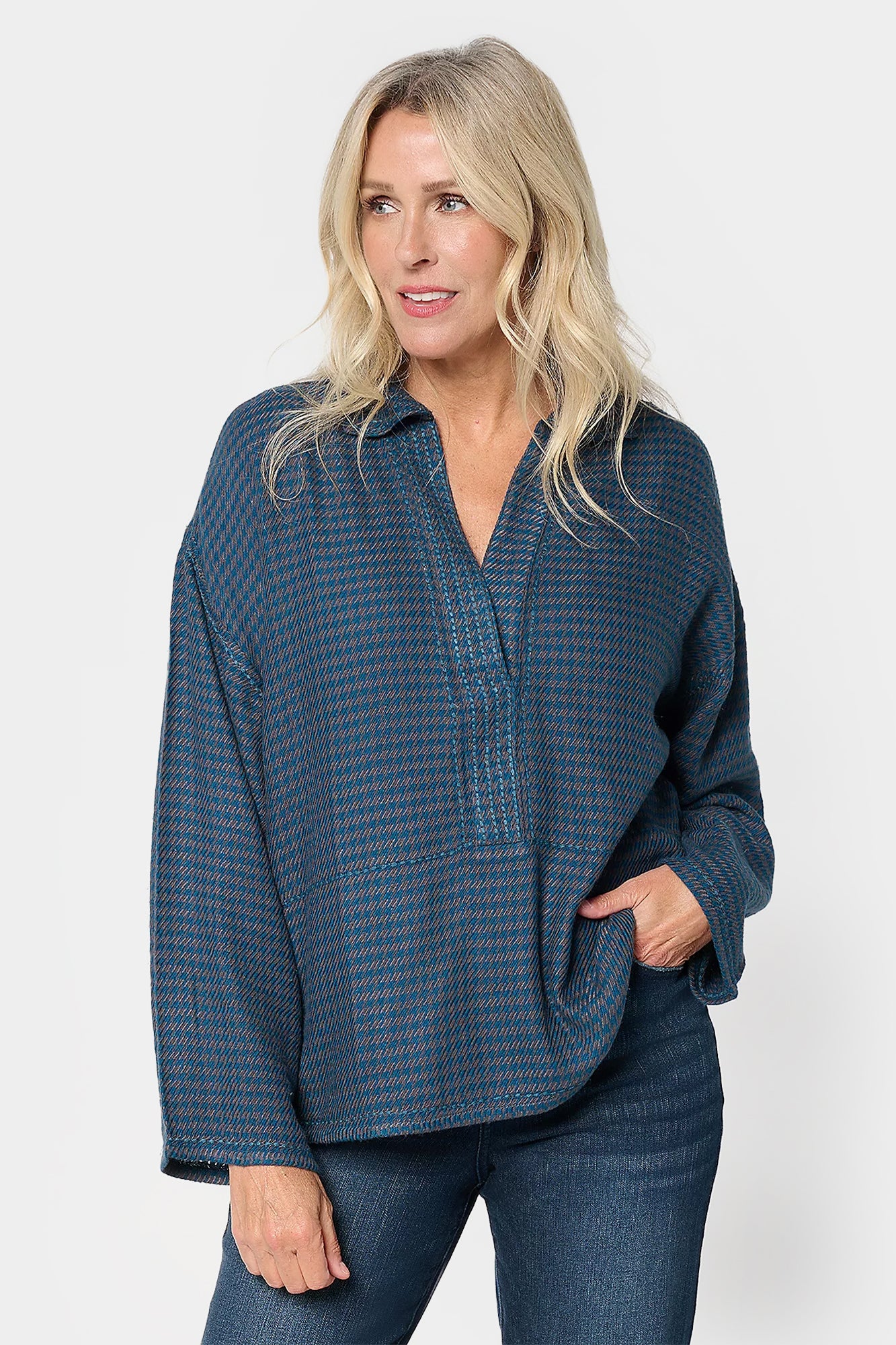 Boheme Houndstooth Brushed Twill Popover Top