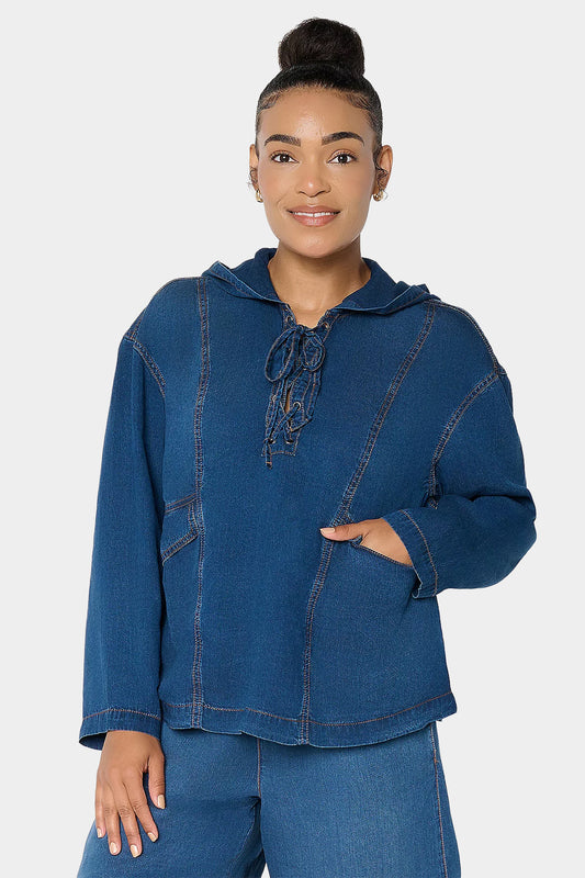 Denim Long Sleeve Lace Up Hoodie