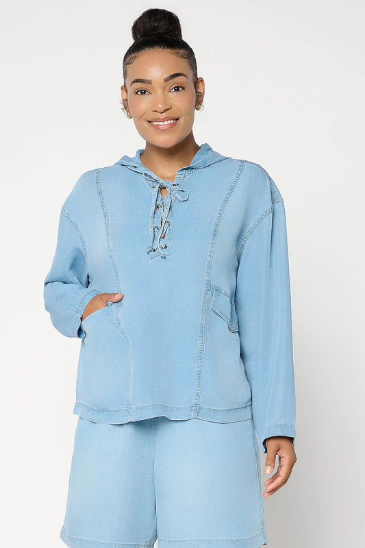 Denim Long Sleeve Lace Up Hoodie