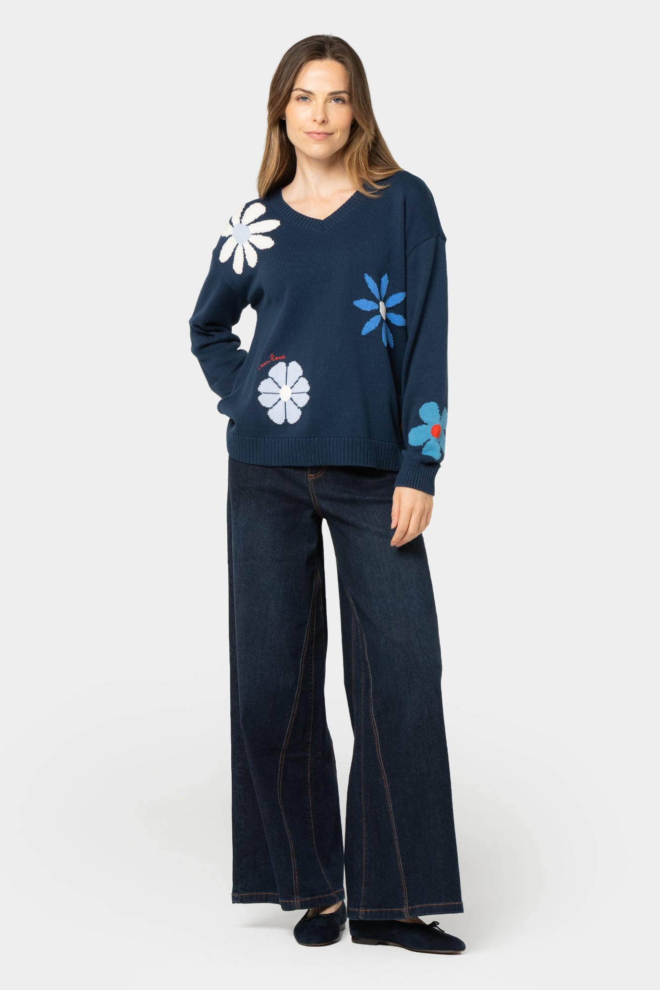 Cotton Motif V-Neck Sweater