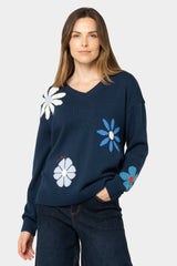 Cotton Motif V-Neck Sweater