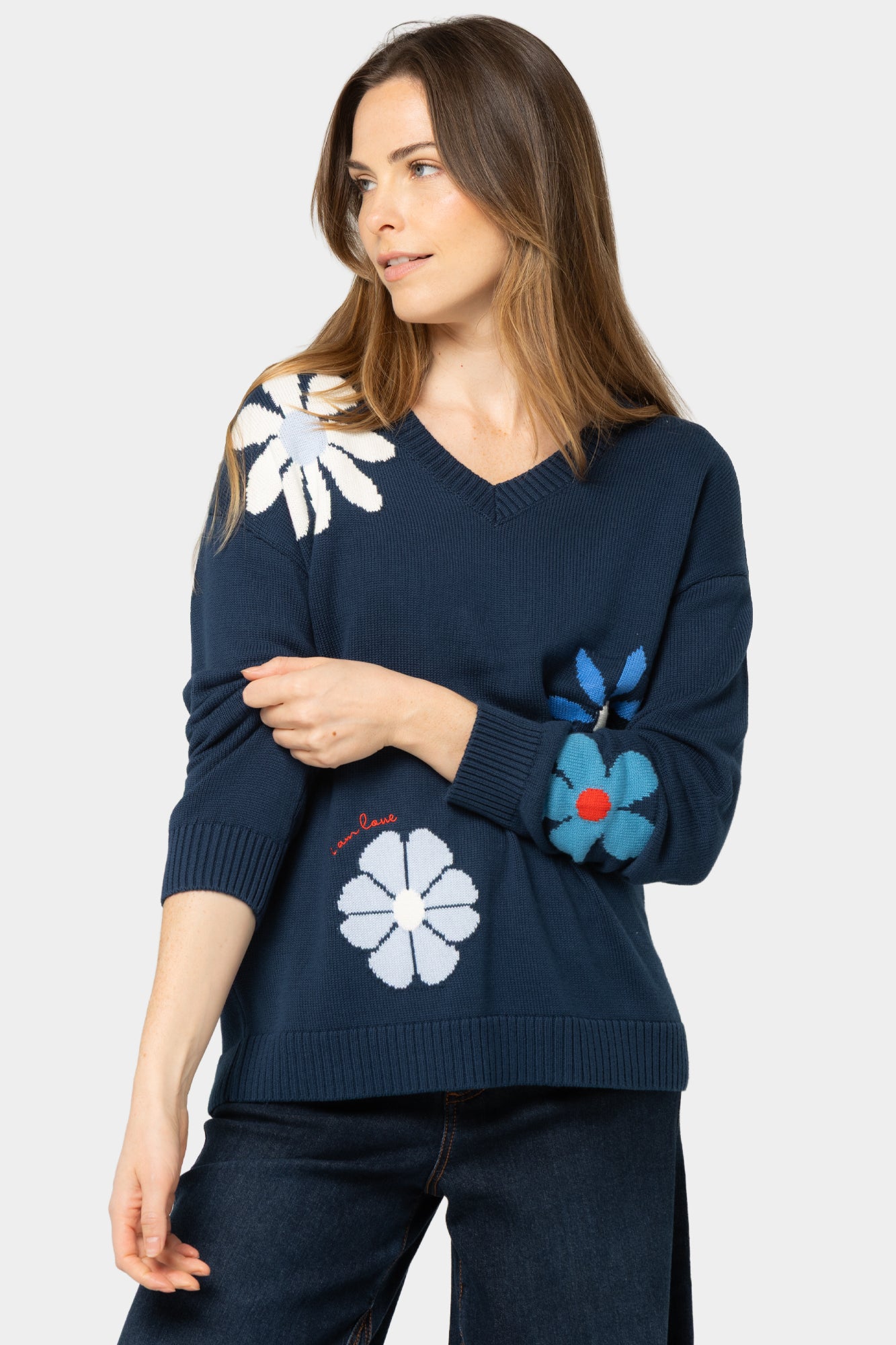 Cotton Motif V-Neck Sweater