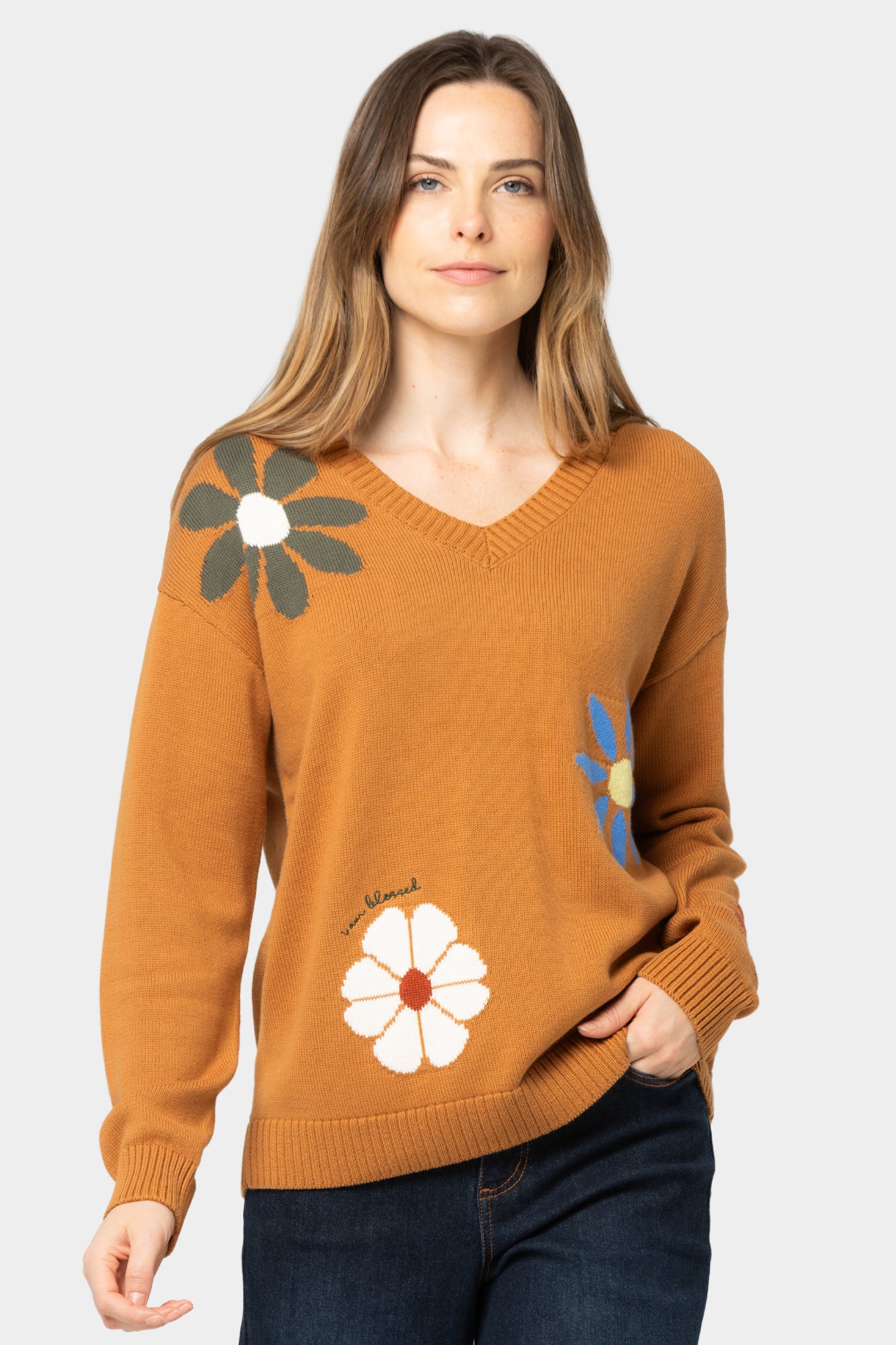 Cotton Motif V-Neck Sweater