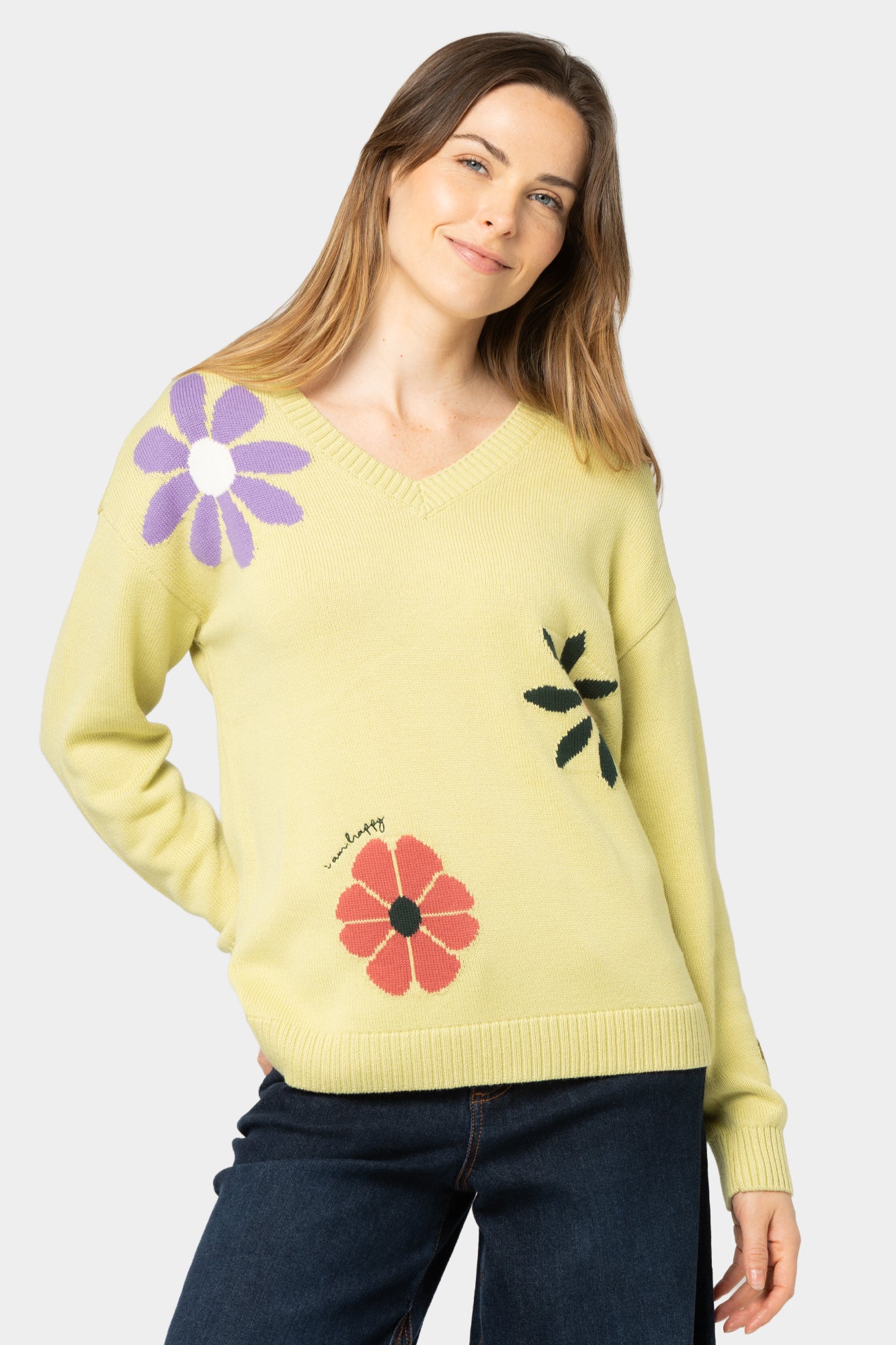 Cotton Motif V-Neck Sweater