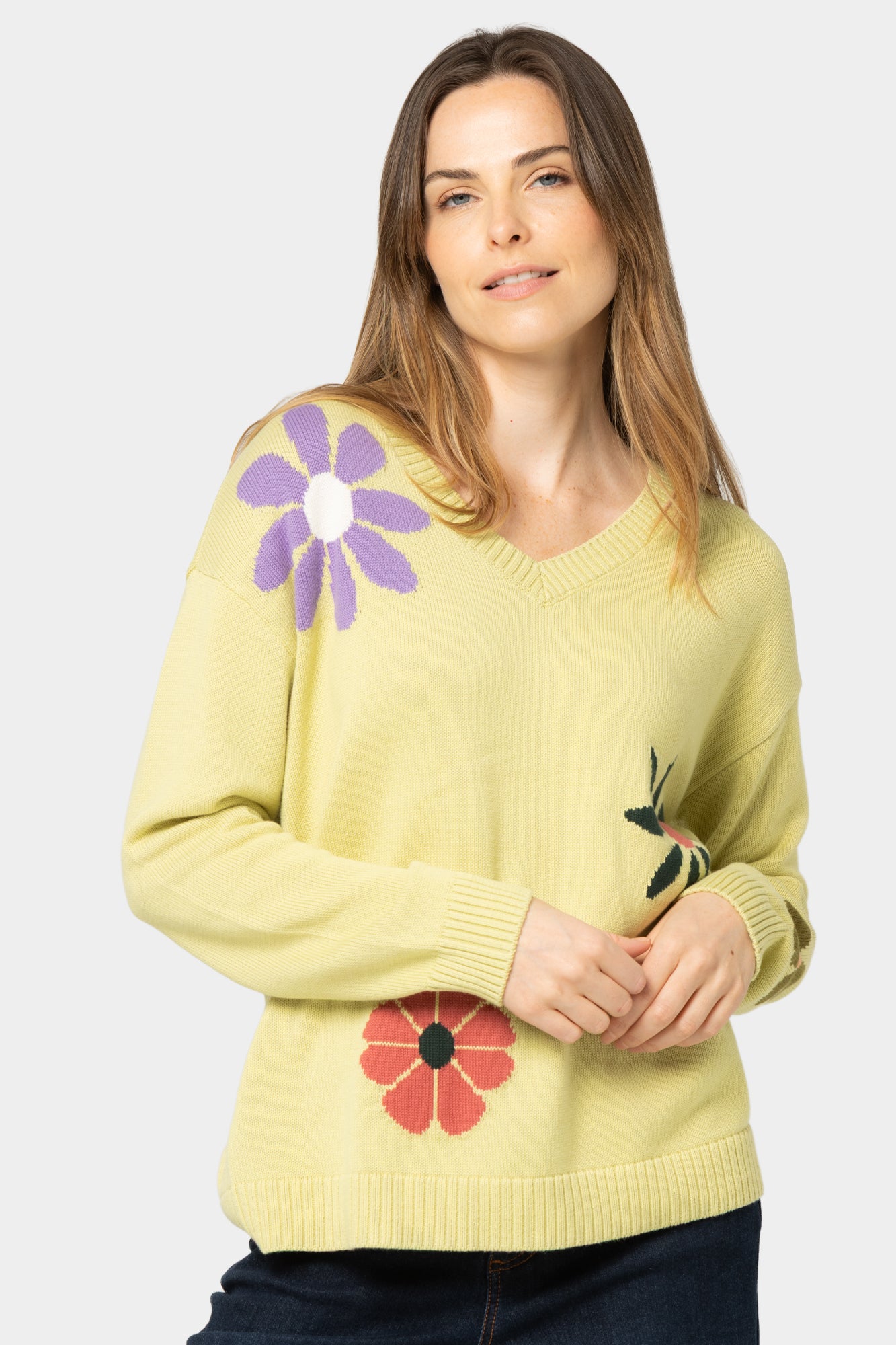 Cotton Motif V-Neck Sweater
