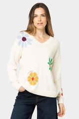 Cotton Motif V-Neck Sweater