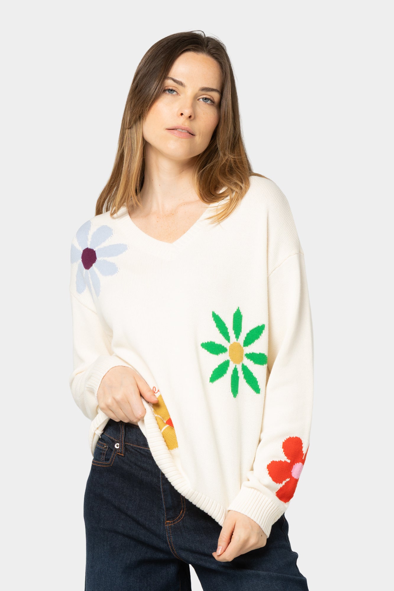 Cotton Motif V-Neck Sweater