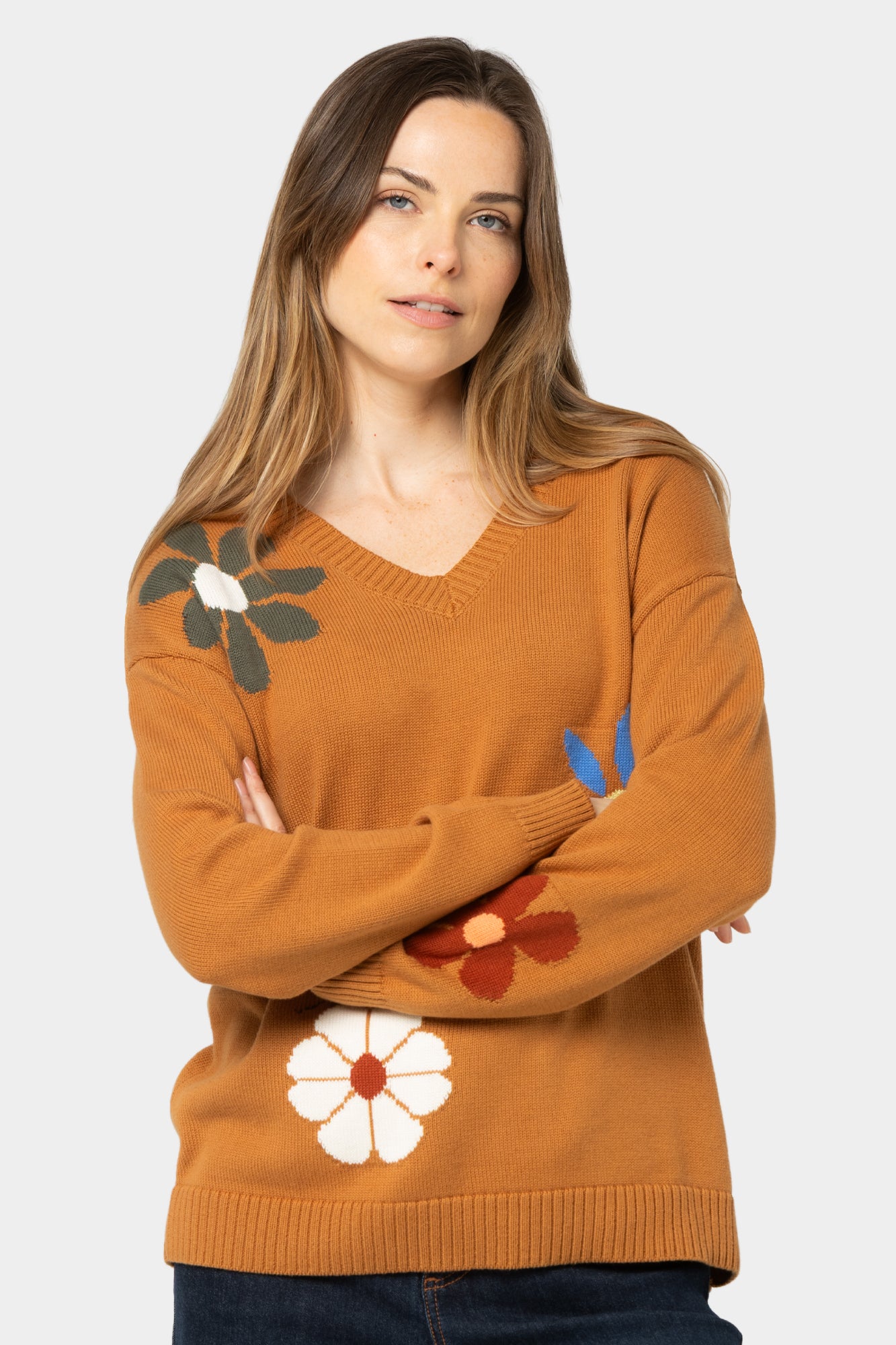 Cotton Motif V-Neck Sweater