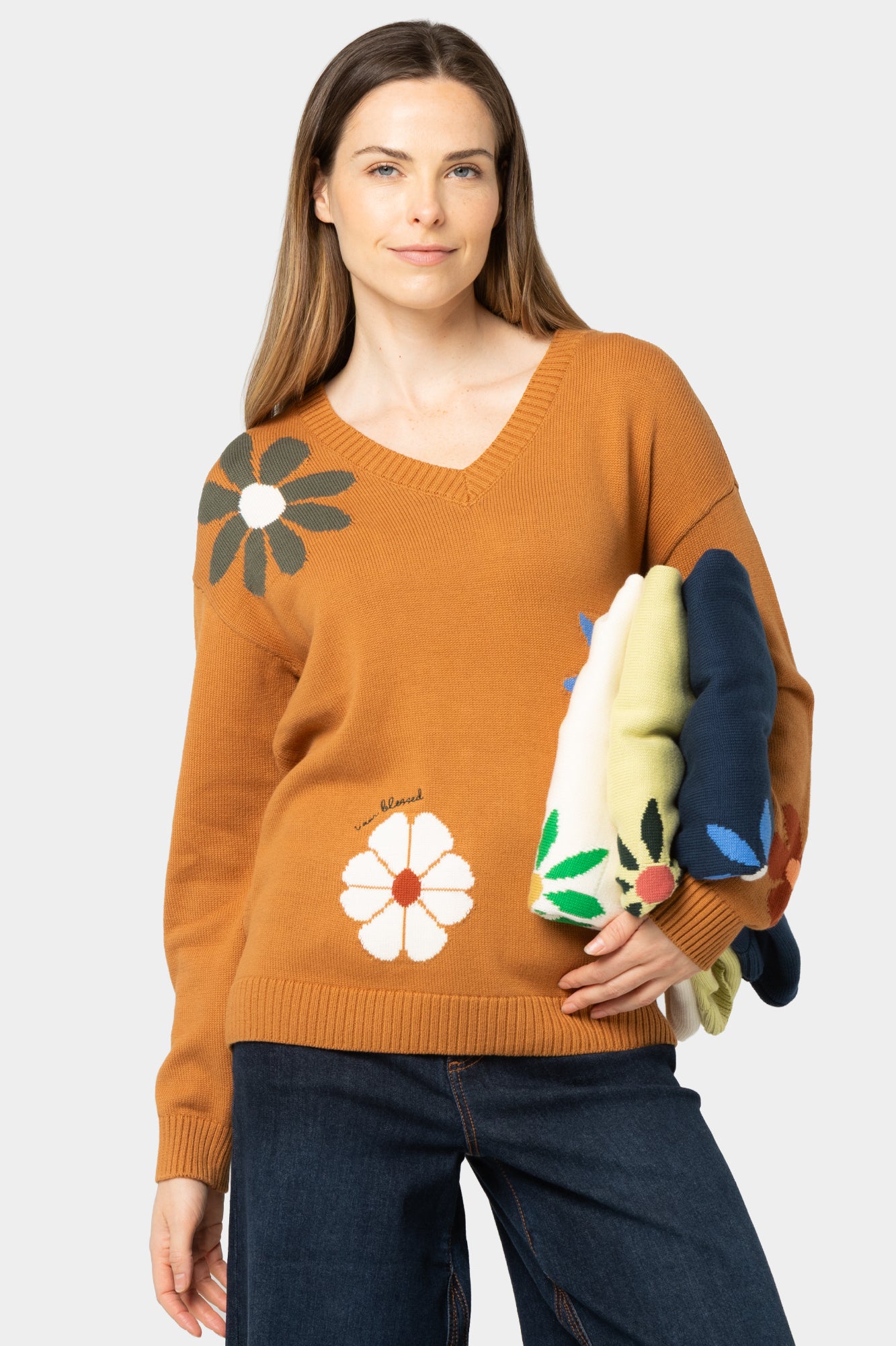 Cotton Motif V-Neck Sweater