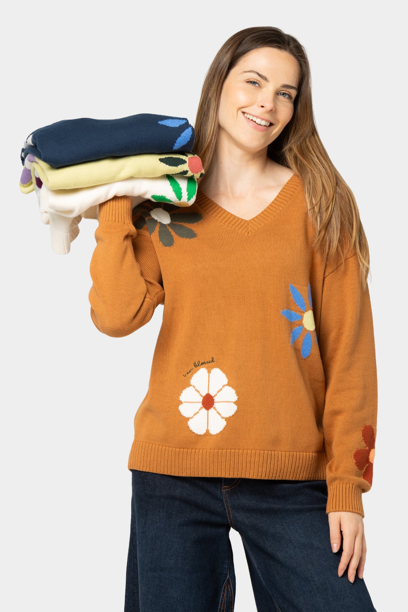 Cotton Motif V-Neck Sweater