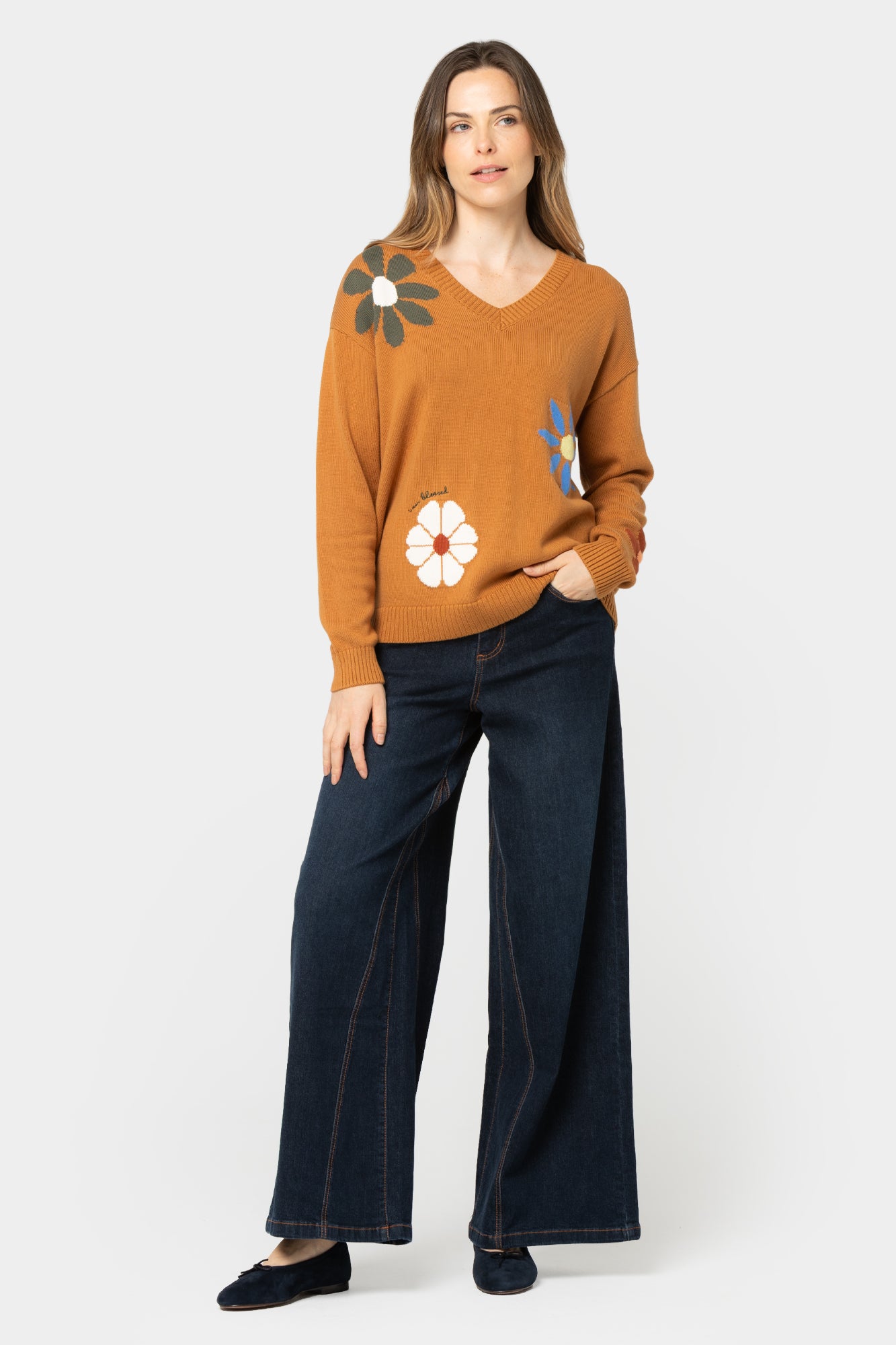 Cotton Motif V-Neck Sweater